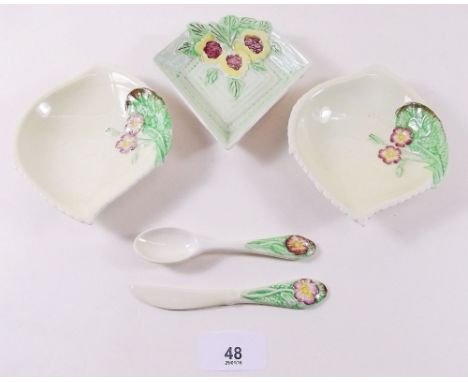 A Carlton Ware butter dish and jam dish with spoon and butter knife and a Brentleigh one