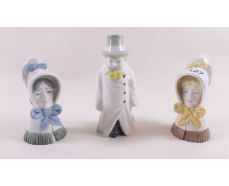 Three Royal Worcester porcelain candlesnuffers - 'Old Woman', 'Young Girl' and 'Budge' 