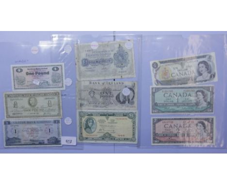 A quantity of world banknotes 15 plus including: USA Washington 1 dollar series 1969 B, Canada 1 and 2 dollars Ottawa issue 1
