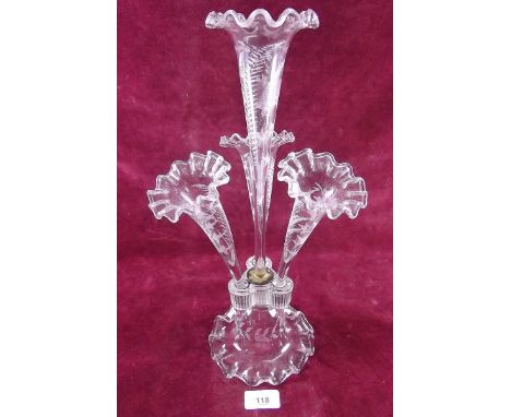 A Victorian clear glass frilled top epergne engraved ferns and ivy - 37cm