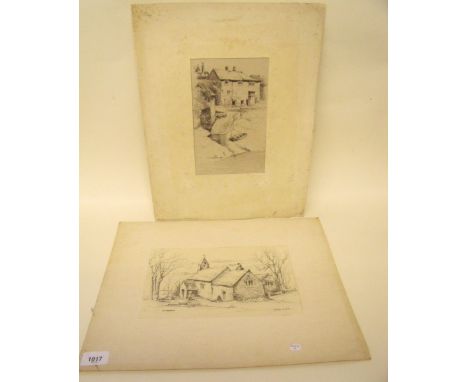 E J Maybery - etching of harbour scene and pencil sketches Kemys Church 15 x 25cm