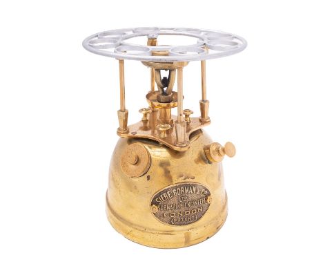 A brass primus stove, maker Siebe Gorman & Co, with circular stage above burner stamped with broad arrow and dated 1945 with 