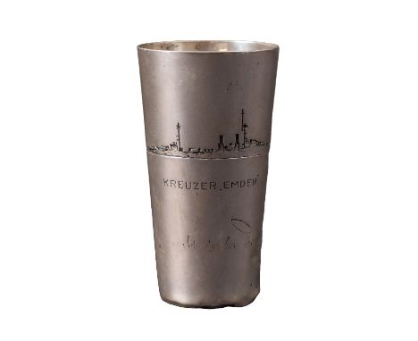 Of WWI Interest. A continental silver tumbler for the Reichsmarine Light Crusier 'Emden', with engraved ship's profile to bod