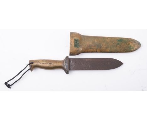 A brass and steel diver's knife, maker C E Heinke & Co Ltd, 6 1/4 inch single edge steel blade over cast brass handle, stampe