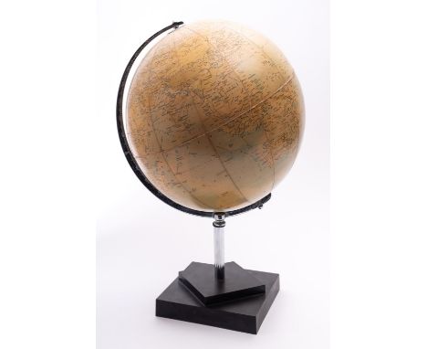 A Phillips 13.5 inch Terrestrial Globe, of twelve lithograph printed gores, plated half meridian on a stepped base, 50cm high