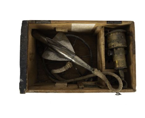 A Walkers Cherub MkII ship's log: comprising rotator, line and enamel dialled recorder in remains of pine case (used conditio