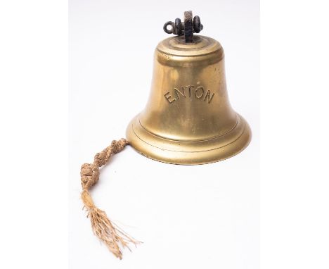 The ship's bell from the Avenue Shipping Company cargo ship, MV 'Enton', arch suspension, black filled text to body, with lat
