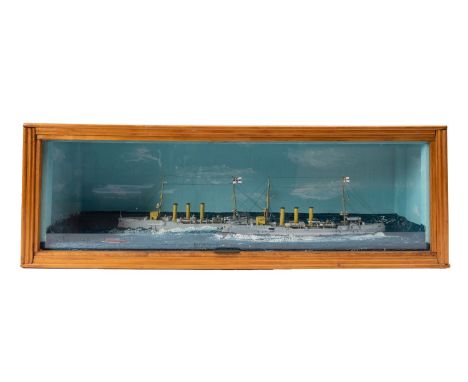 A cased waterline diorama of the Imperial German Navy light cruisers SMS 'Emden' and SMS 'Dresden', the case 27 x 80 x 24cm