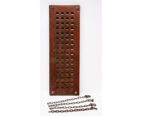 A rectangular teak deck grate: with brass suspension loops and a bag of chain, 37.5 x 112cm