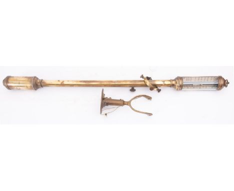 A reproduction brass ship's stick barometer with brass wall mount, 95cm high