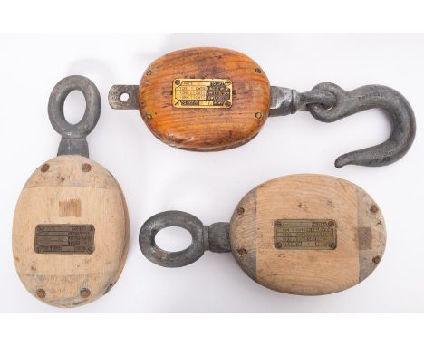 Three single whip blocks, each with brass plate to cheek (3)