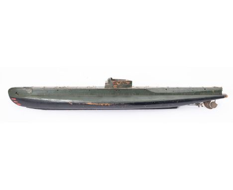A scratch built model of the Royal Navy Grampus-class mine-laying submarine HMS Rorqual, the conning tower and upper hull pai