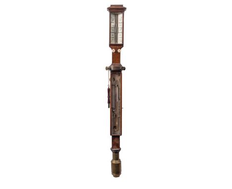 A 19th Century mahogany ship's stick barometer, unsigned with engraved ivory scale under rectangular bevelled glass, brass gi