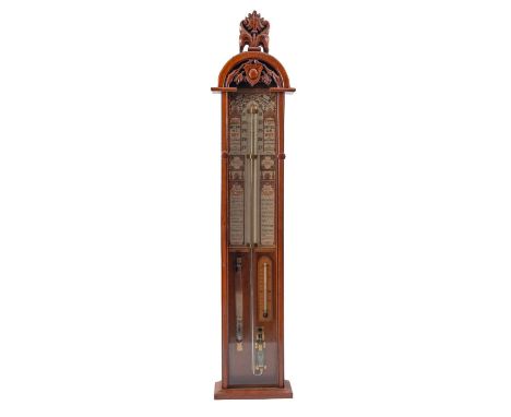 An Edwardian oak Admiral Fitzroy barometer,  the arched scroll carved case enclosing  lithograph printed backboard with therm
