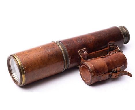 A WWI period leather cased three draw telescope, maker R & J Beck Ltd, London, signed as per title and dated 1915, with high/