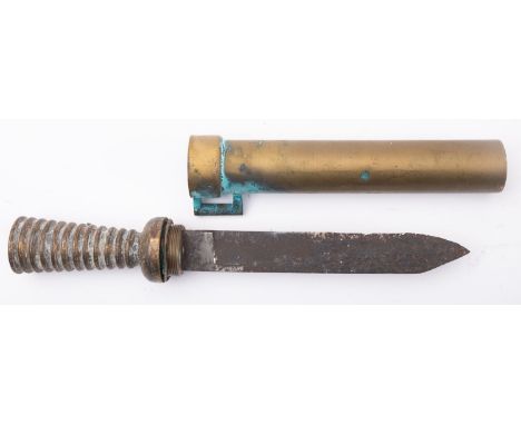 German Diver's knife, unsigned. Single edge 8 inch blade, with double edge point, ribbed brass handle, and brass scabbard wit