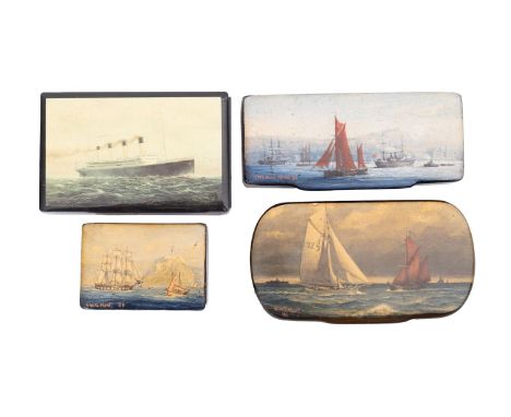 Geoffery William Hunt (b.1948-)HMS 'Eurlus' patrolling off Cape St. Vincent'acrylic on Victorian mache snuff box, signed and 