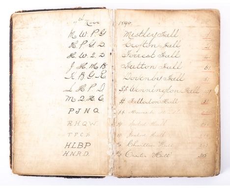 A late 19th/ early 20th century sailing book,  with entries for twelve  ships, 'Misty Hall', 'Crofton Hall,' Forrest Hall', '