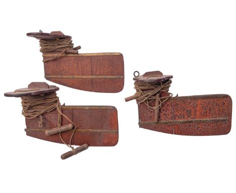 Three early 20th Century brass mounted rowing sweep boat rudders, 36cm long (3)