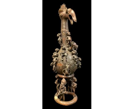 CAMEROON METAL ALLOY MODEL GOURD FLASK ON STAND, 106cm H
