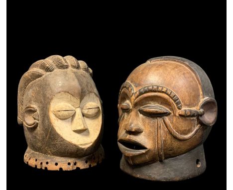 TWO HELMET MASKS, inluding Tsogo white faced mask and Tabwa mask, 24cm h (2)