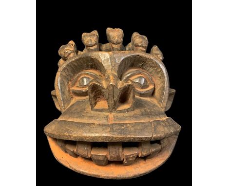 KOM HELMET MASK, with multiple animal horehead crest, 40cm h