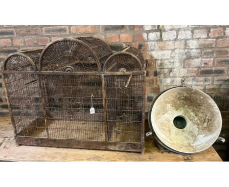 Vintage parrot/canary cage of triple arched form.  88cm wide approx. together with hanging metal oil light fitting with milk 