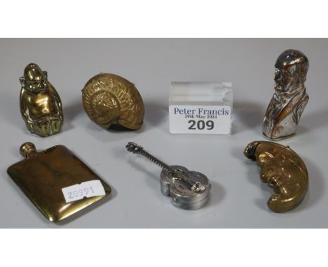 Collection of oddments to include: novelty vestas in the form of a half moon and a shell, brass scent bottle in the form of a