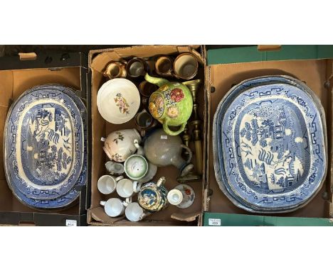 Three trays of china to include: various blue and white transfer printed meat dishes, floral teapot, candlestick, cups, bowls