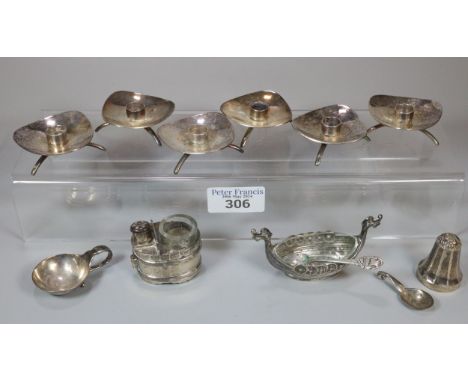 Set of six Cohr Denmark contemporary candlestick holders together with silver salt in the form of a Viking boat etc. (B.P. 21