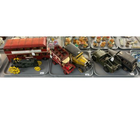 Collection of vintage style metal toys: jeeps, double decker bus, taxi etc. together with a cast iron John Deere tractor.  (6