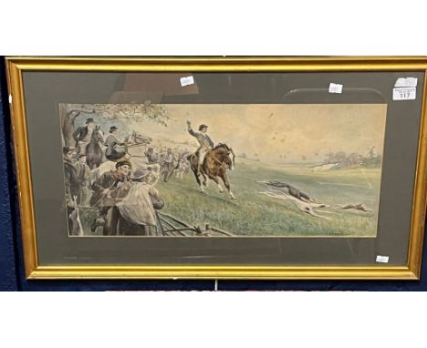 After C P Jacomb, hare coursing scene, coloured print. signed in the plate. 25x56cm approx. Framed and glazed. (B.P. 21% + VA