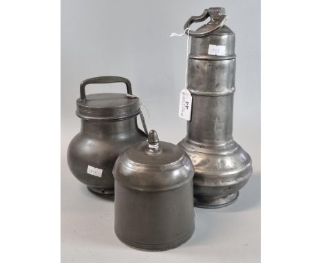 French pewter pot bellied jar with screw cover, having fixed handle, straight sided pewter tobacco box with acorn finial and 