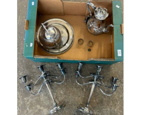 Tray of silver plated items to include: pair of candelabra, Victorian teapot with bird finial, tray, napkin rings etc. (B.P. 