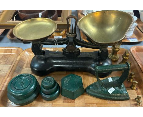Set of vintage Libra scales with brass pans together with other cast iron and brass graduated bell shaped weights.   (B.P. 21