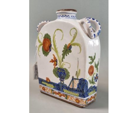 Italian earthenware twin handled flask vase or tea caddy, hand painted with flowers and foliage, unmarked.  19.5cm high appro