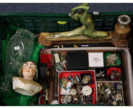 Collection of vintage and other jewellery to include: men's watches, pocket watch, rings, crosses, decanter, Art Deco figure 