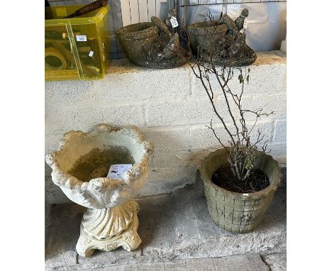 Two reconstituted stoneware planters with bird decoration, a pedestal urn and cylindrical planter.  (4)   (B.P. 21% + VAT) 