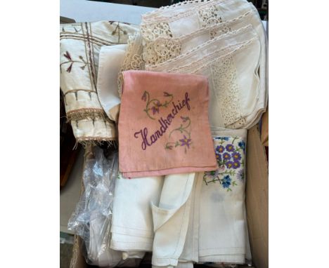 Five embroidered lace table cloths, lace handkerchiefs and armchair/sofa protectors.  (B.P. 21% + VAT) 