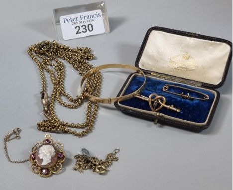 Two 9ct gold bar brooches with wishbone and heart decoration (2g approx), together with some gold-plated jewellery, cameo bro