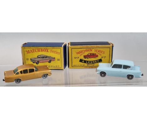 Matchbox Lesney No. 7 diecast car 'Ford Anglia' in original box, together with similar No. 22 'Vauxhall Cresta'.  (2)  (B.P. 