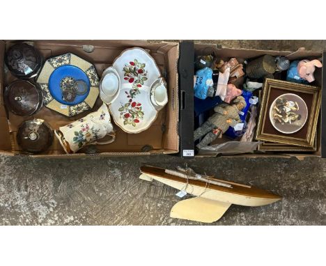 Two boxes of china, glass and other items to include: Art Deco design dressing table jars and atomisers, strawberry basket wi