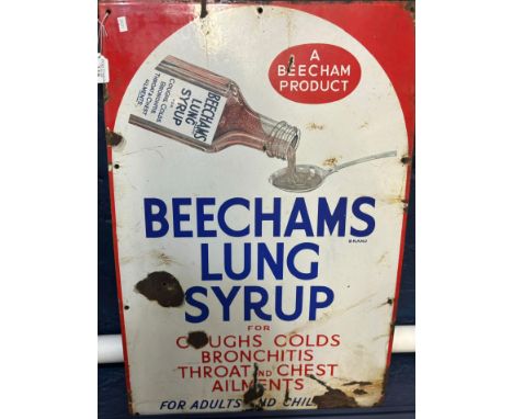 Single sided enamel advertising sign 'Beecham's Lung Syrup For coughs, Cold, Bronchitis, Throat and Chest Ailments etc.'.  76