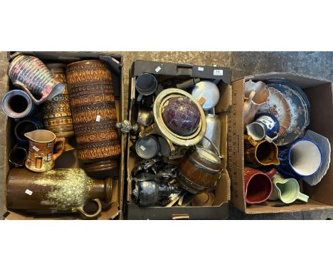 Three boxes of ceramic and other items to include: West German pottery vases, blow torches, table globe, oak coopered barrel 