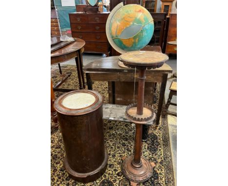 Group of assorted furnishing items to include: torchere stand, Victorian mahogany cylindrical pot cupboard, broken stool, oak
