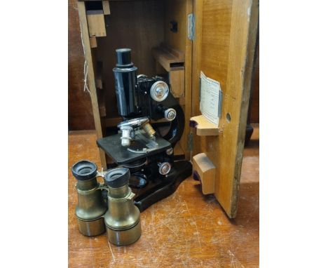 Pair of Kelvin Hughes No. 1370 brass binoculars together with a cased E. Leitz Wetzlar microscope.   (B.P. 21% + VAT) 