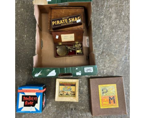 Box of oddments to include: Dracula's Bank in original box, cased set of balance scales, dominoes etc.  (B.P. 21% + VAT) 
