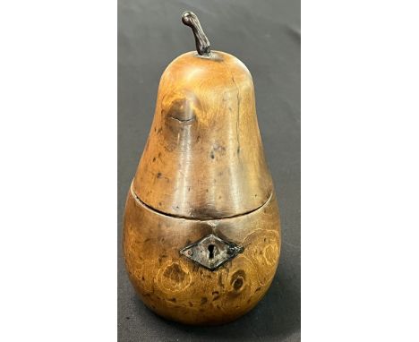 18th century style turned pear shaped two section caddy with hinged cover. 18.5cm high approx. (B.P. 21% + VAT)