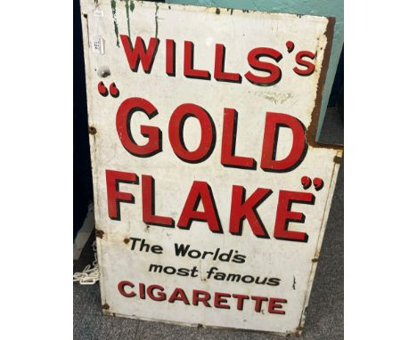 Single sided enamel advertising sign Wills's 'Gold Flake' The World's Most Famous Cigarette.  Sign has been cut.  93x62cm app