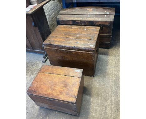 Caned dome top steamer trunk together with two additional pine boxes.  (3)   (B.P. 21% + VAT) 